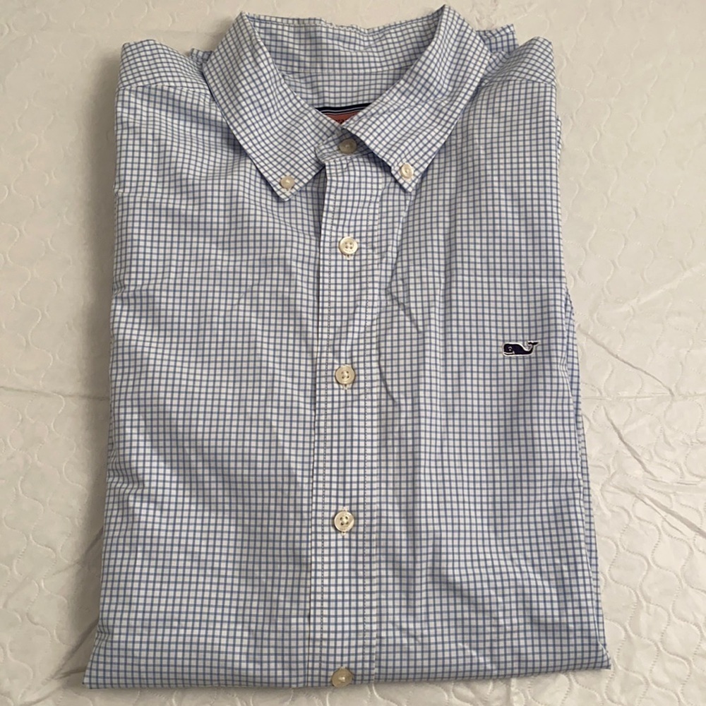 Vineyard Vines blue and white check Whale button down dress shirt